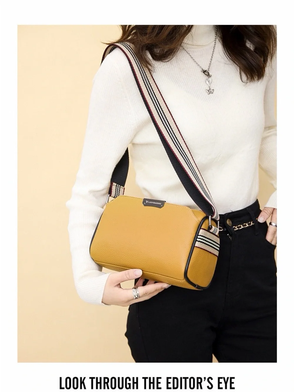 Genuine Leather Mustard Crossbody Bag with Striped Detachable Strap